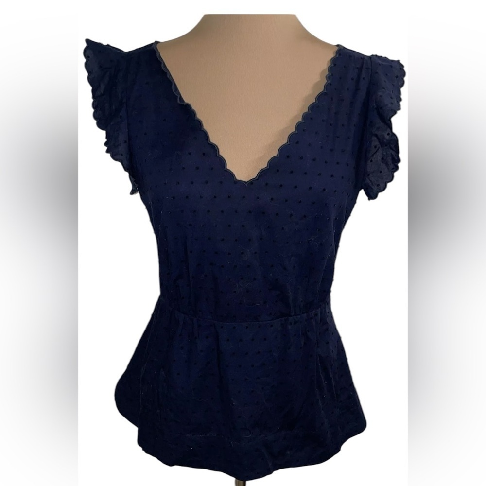 J. Crew Navy Blue Swiss dot blouse back zip flutter cap sleeve size 2 (3x $15) - Picture 3 of 15